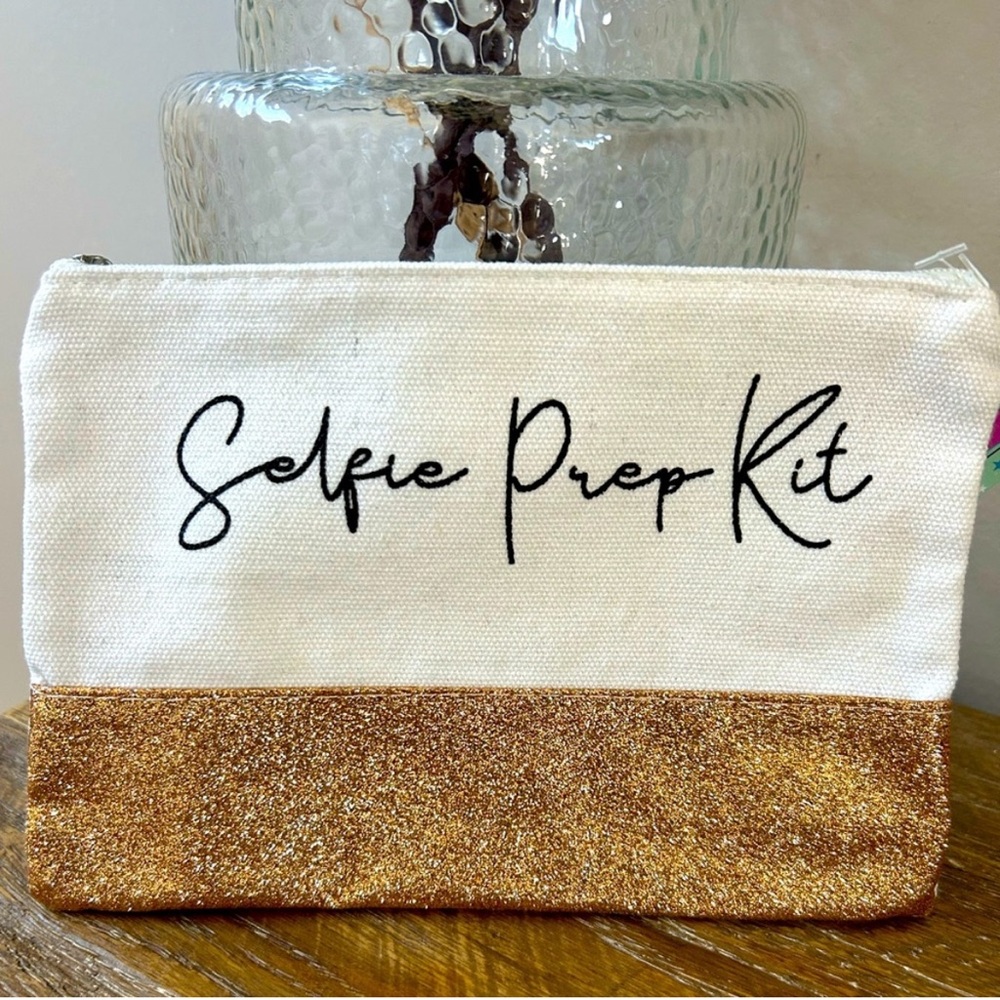 Selfie Prep Kit‎ Makeup Pouch Bag Cosmetic Bag Travel White & Gold